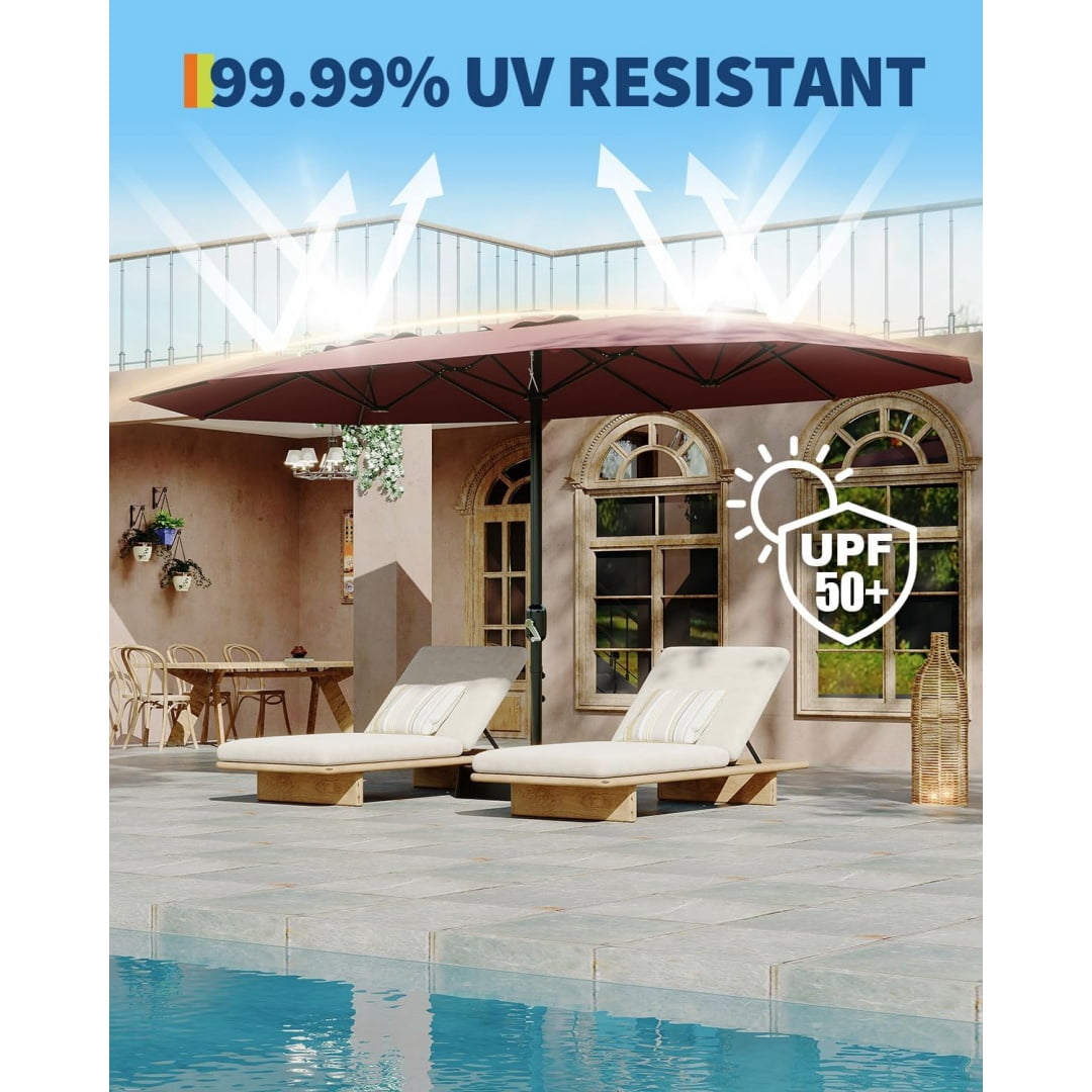 Heavy Duty 15FT Patio Umbrella with Weighted Base - Double-Sided Sun Shade for Outdoor Dining, Poolside, Backyard (Crank Handle, UV Blocking Fits 2-8 People)
