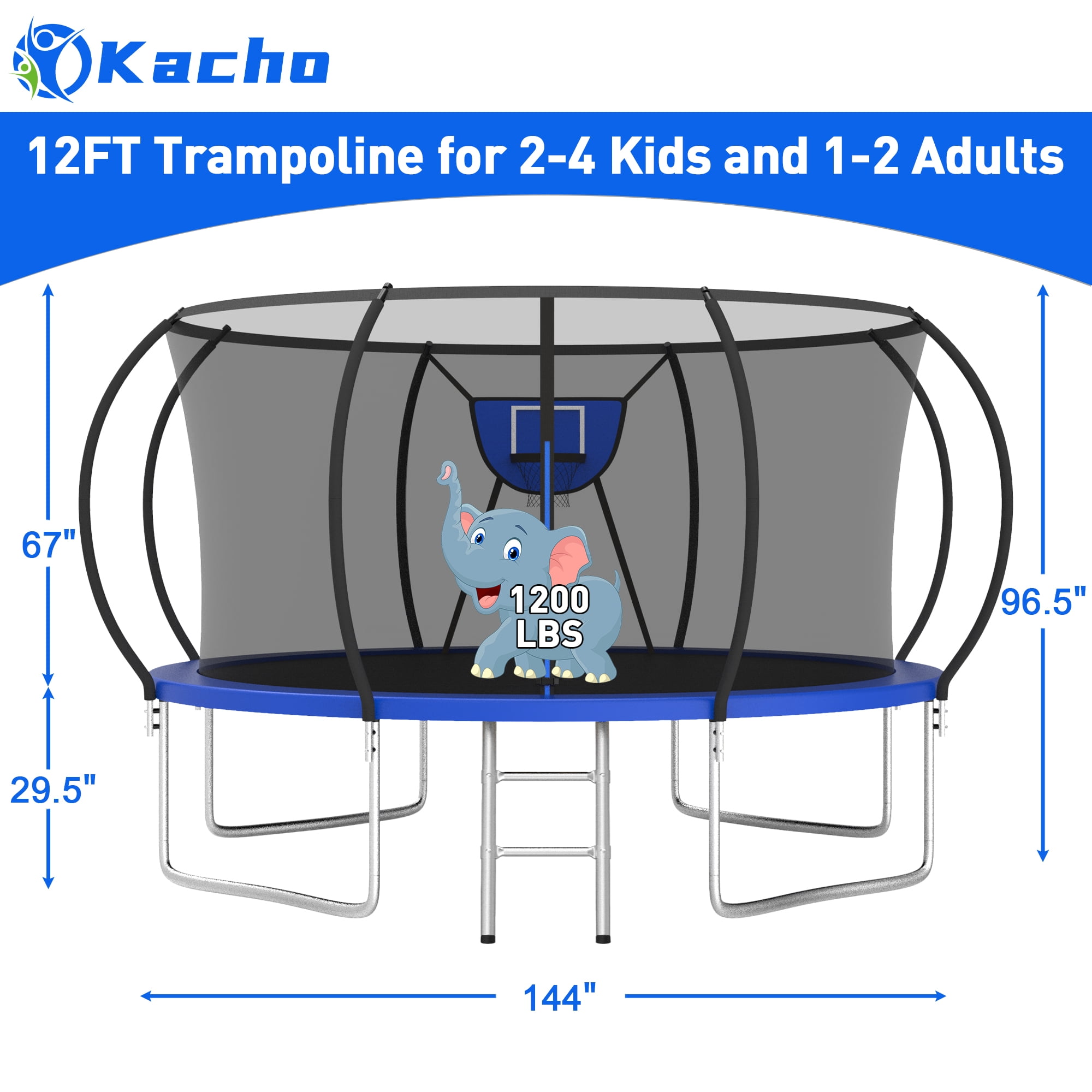 Kacho Trampoline for Kids and Adults, 12FT 1200LBS Trampoline with Enclosure Net, Basketball Hoop, Ladder, 2 Ball, Heavy Duty Trampoline No Gap Design, Backyard Outdoor Recreational 12FT Trampoline
