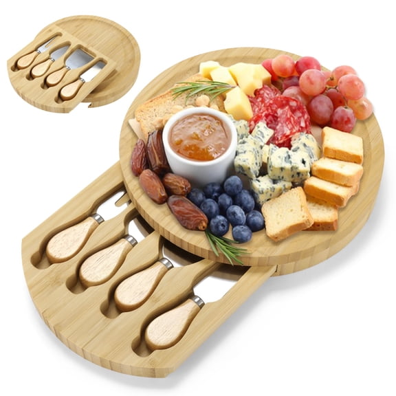 Wooden Cheese Board and Knives Set, 9.8" Round Charcuterie Board with 4 Knives, Portable Cheese Cutting Serving Platter for Parties, Weddings, Housewarmings