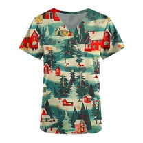 Holiday Savings! Titcea Christmas Scrub Tops for Women Stretchy V Neck Short Sleeve Cute Xmas Printed Nurse Holiday Working Uniforms