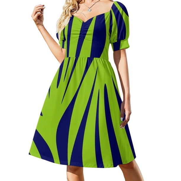 Vestido de manga corta con estampado de hojas abstractas de Maldivas en verde lima y azul marino brillante.