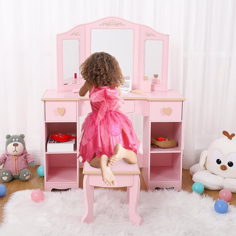 Oyang Wooden Children s Vanity Desk Set Pink Makeup Table Chair for Girls Age 4 9 with Mirror 3 Drawers Walmart