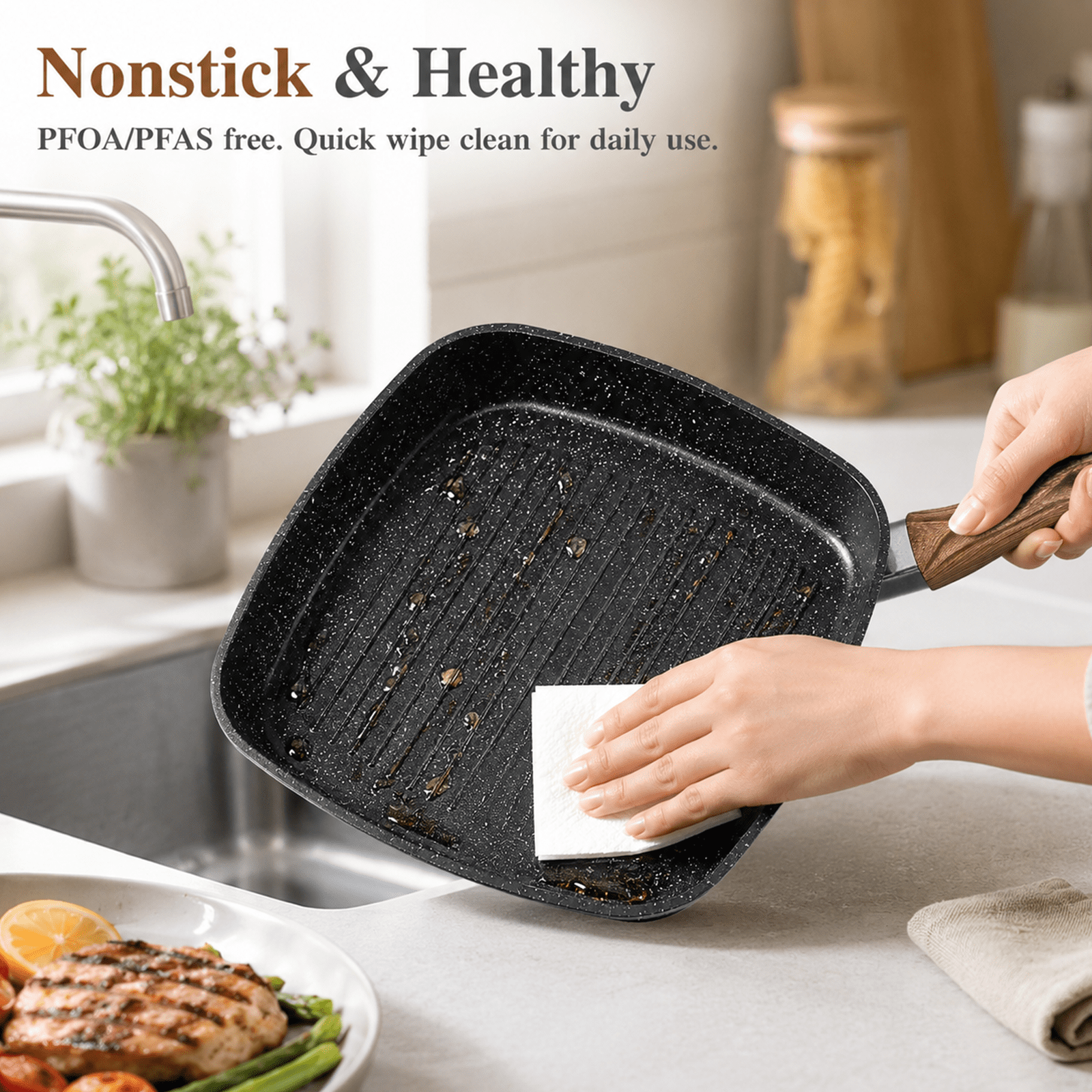 Alvantor 3-Piece Square Grill Frying Pan Set,9.5-11 Inch Induction with Stay Cool Handle,Compatible with All Stovetops