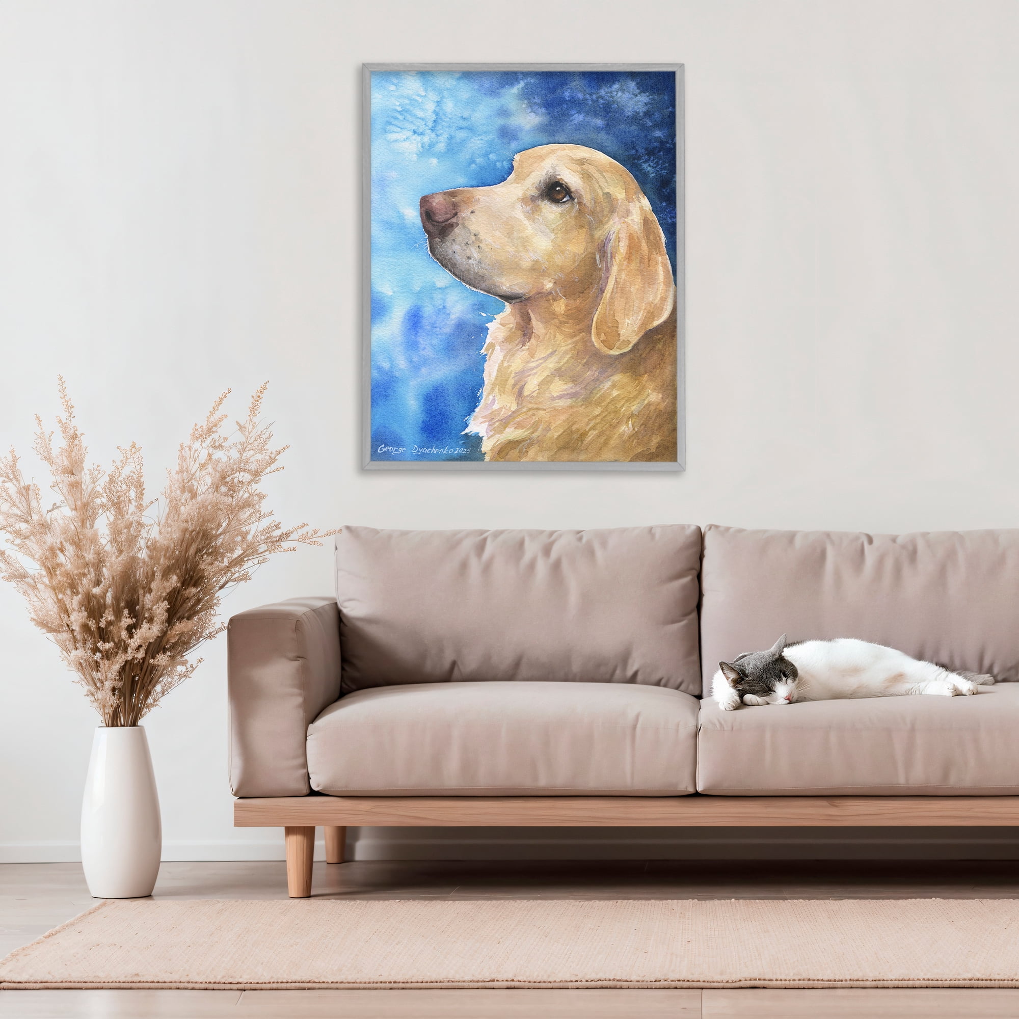 Stupell Industries Golden Retriever Portrait on Azure Gray Framed Giclee Art, design by George Dyachenko