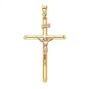 Solid 14K Yellow Rose Gold Crucifix Pendant - Jesus Image Engraved in Linear Cross Charm Pendant - Two Tone Fine Jewelry - Suitable for Men & Women - Great Gift for All Occasion, 19 x 12 mm, 0.6 gms