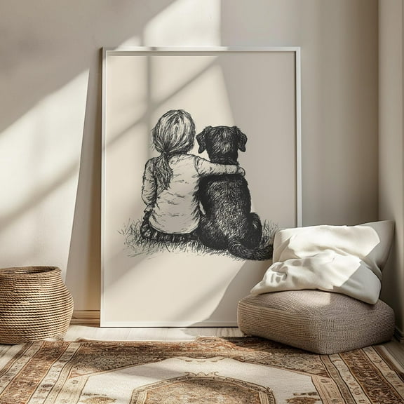 Girl With Black Lab Print, Labrador Retriever Dog Vintage Poster, Girls Nursery Decor, Retro Dog Drawing, Dog Art Sketch, Baby Room Painting Wall Art, Modern Wall Decor, 8x12 UNFRAMED