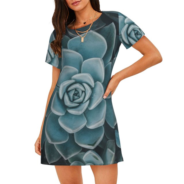Disketp Blue Color Cactus para Camisón Corto de Manga Corta para Mujeres, Camisón Cómodo con Escote Redondo, Bonito y Confortable