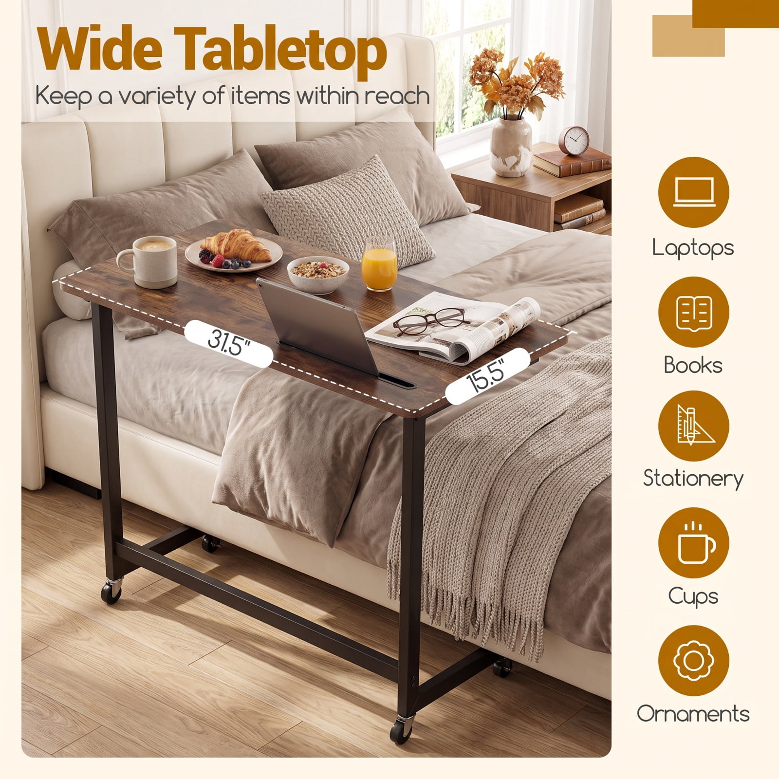 Furnibear Mobile Side Table and Rolling Laptop Desk Cart with Tablet Slot Locking Wheels and Metal Frame for Living Room and Bedroom, Rustic Brown