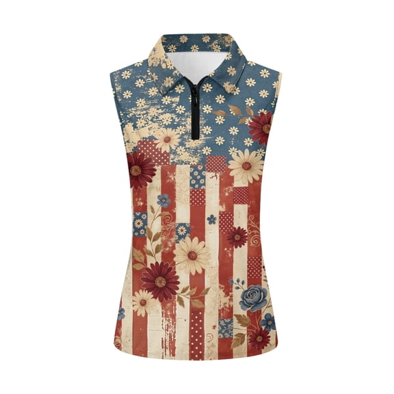 HUIACONG USA Flag Floral Vintage Print Sleeveless Golf Shirt, Long Use Golf Sleeveless Top for Athletic Outdoor, Comfort Lightweight Women's Golf Shirt