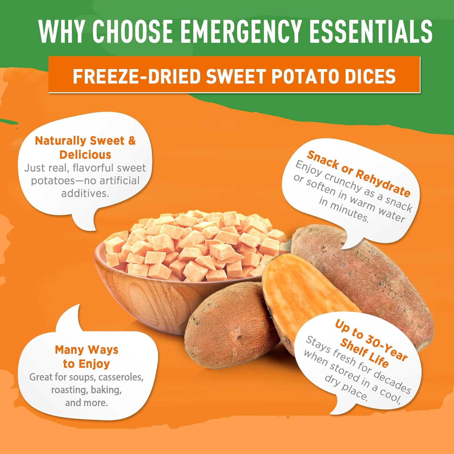 Emergency Essentials Freeze-Dried Sweet Potato Dices #10 Can, Vegetables, Sweet Potatoes, Emergency Prep Food, Nutritious Emergency, Bulk, 30-Year Shelf Life