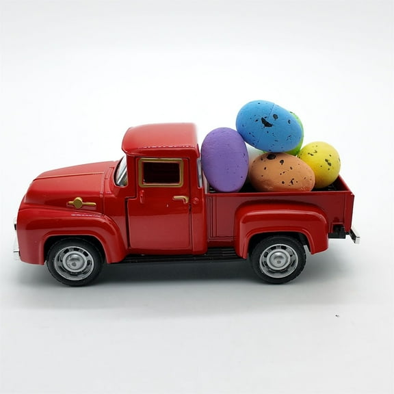 Easter Red Truck Decoration,Vintage Farmhouse Metal Trucks Green Red Pickup Tiered Tray Decor for Tabletop Home Kitchen Centerpiece Decorations,Easter Truck with Color Eggs Decor