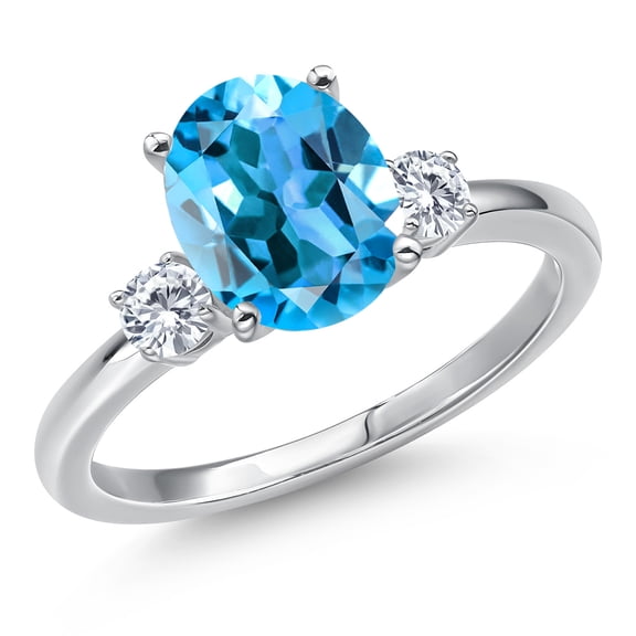 Gem Stone King 14K White Gold Swiss Blue Topaz and Moissanite Engagement Ring for Women | 3.40 Cttw | Oval 10X8MM | Gemstone November Birthstone | Size 7