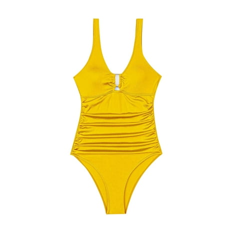 Rgdypko One Piece Swimsuit Women Tummy Control Swimwear Suit V One Control Pieces Bathing Tummy Ruched Neck Swimwears Classic Beach Outfit Yellow L