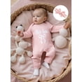 thumbnail image 5 of BemeyourBBs She‘s Here Baby Girls Spring Fall Winter Clothes Newborn Baby Girl Hospital Going Home Outfit Waffled Romper Bow Letter Print Long Sleeve One Piece Jumpsuit with Headband, 5 of 9