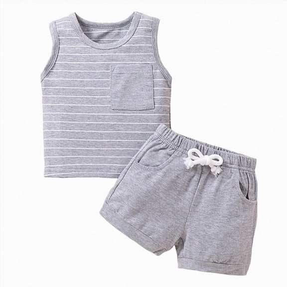 WUANDIXFA Boys Summer Outfits Toddler Baby Boy Clothes Summer Outfit Stripe Casual T-shirt Tops Shorts Sets 1-2 Years,Grey