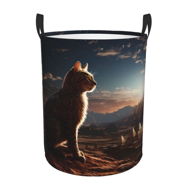 Balery Pyramid Desert Cat Cesta de ropa redonda con asas, impermeable, independiente, para ropa, juguetes, dormitorio y familia-Medium