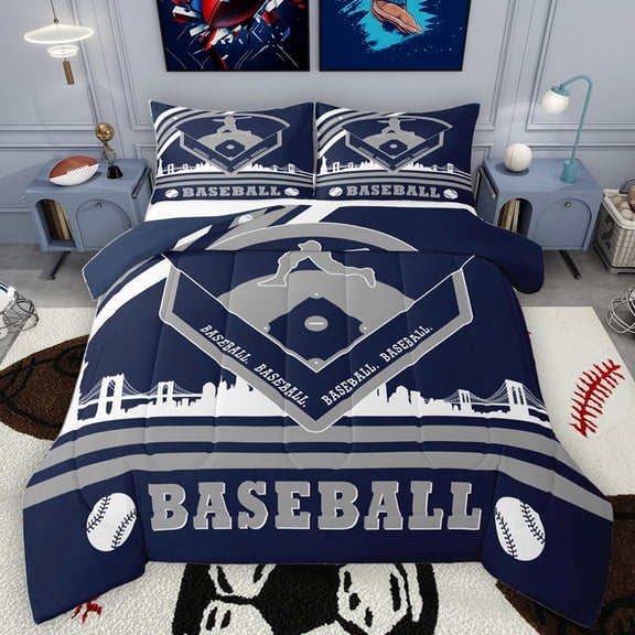Homewish Baseball Game Bedding Comforter Set,Sport City Silhouette Twin Comforter Sets,Deepblue Gray White Bedding Set For Boys Kids,Ultra Soft Home Decor Reversible,2 Pieces