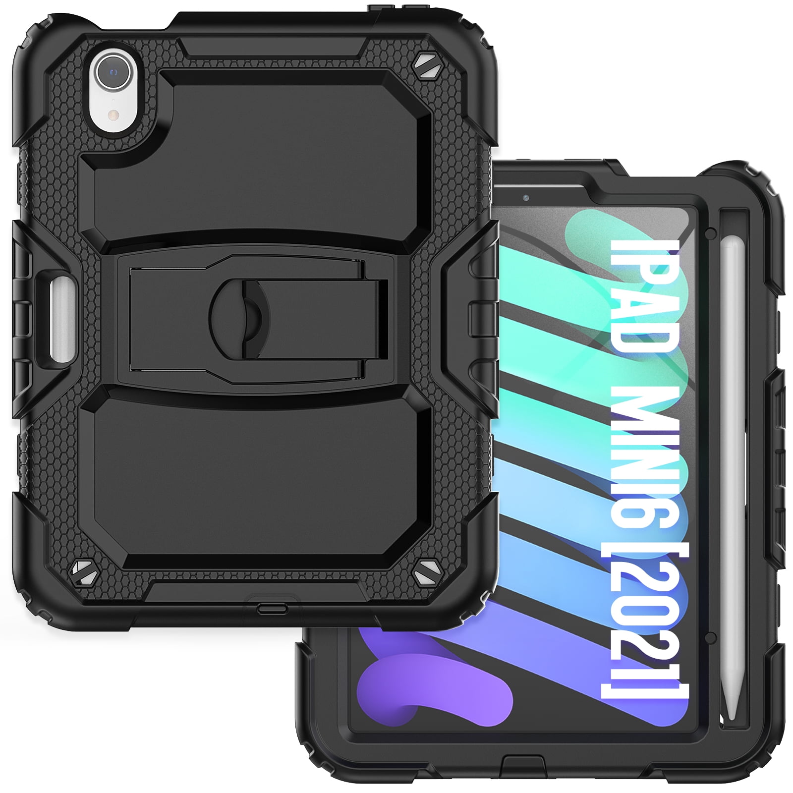 for iPad mini 6th Gen 8.3" 2021 Case with PET Screen Protector + Pencil Holder + Stand + Shoulder Strap | Heavy Duty Protection 3 Layer Silicone PC Case for iPad mini 6th Generation | Black