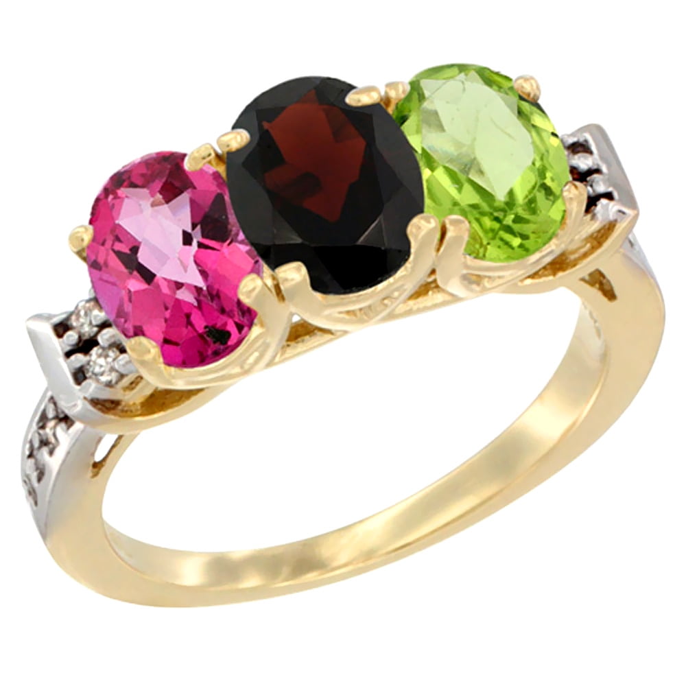 10K Yellow Gold Natural Pink Topaz, Garnet & Peridot Ring 3-Stone Oval 7x5 mm Diamond Accent, sizes 5 10 by WorldJewels