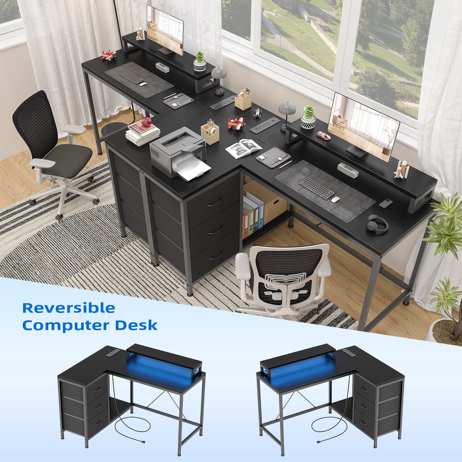 ChaoLink Reversible L - Shaped Desk: Comes with Power Outlet, LED Lights, and Monitor Stand, Perfect for Study, Writing, and Gaming (White)