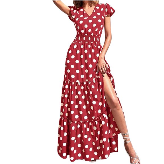 QUYUON Maxi Dresses for Women 2023 Fashion Summer Women's V-neck Short Sleeve Polka Dot Printed Elastic Waist High Split Ruffle Hem Long Dress A-Line Flowy Dress Beach Sundress Style D-7894 Red S