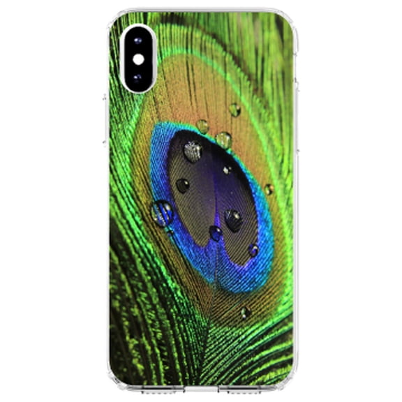 DistinctInk Clear Shockproof Hybrid Case for iPhone XS Max (6.5" Screen) - TPU Bumper, Acrylic Back, Tempered Glass Screen Protector - Peacock Feather Close Up - Animal Print