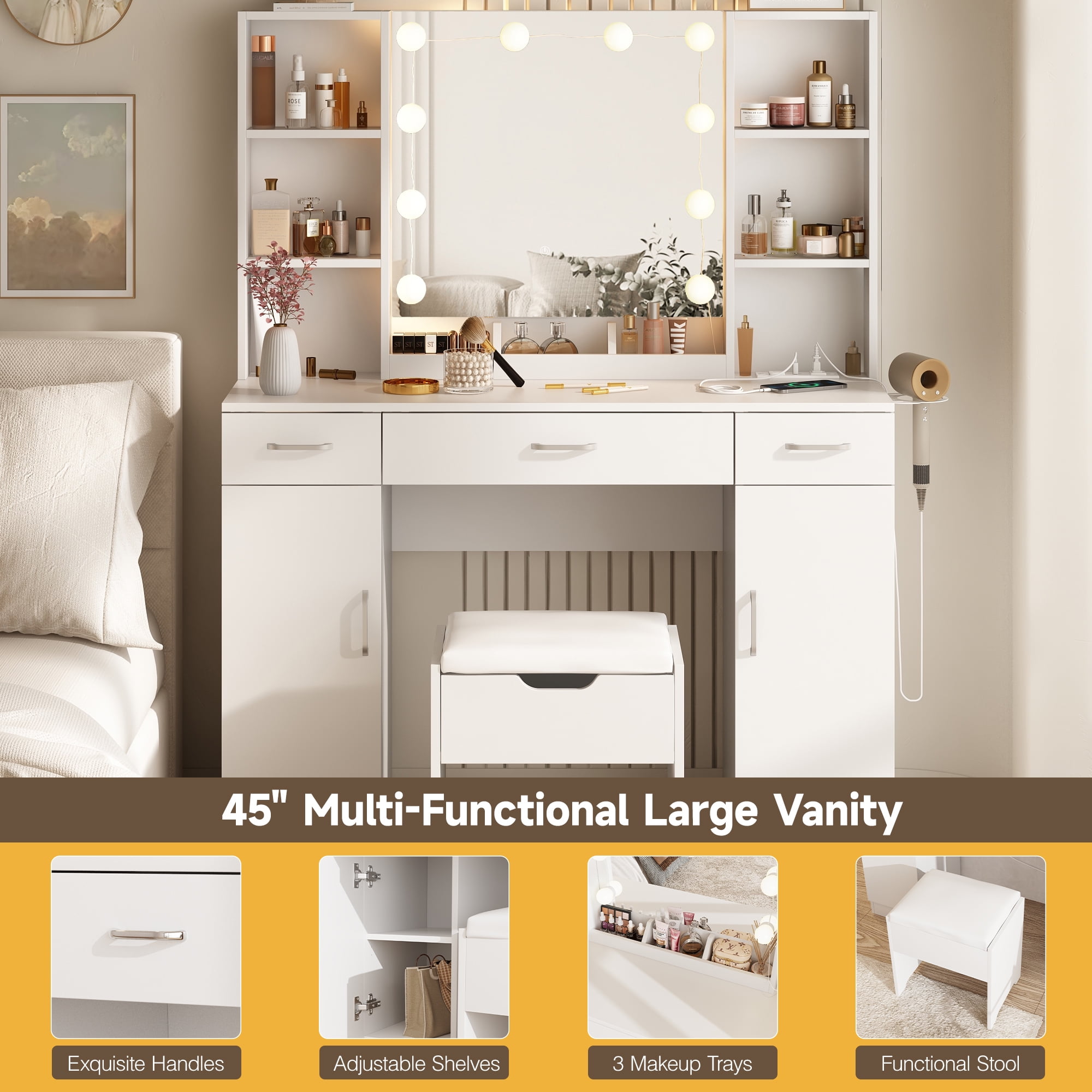 VEANERWOOD Large Makeup Vanity with Lights, Bedroom Vanity Table with Charging Station, Modern Dressing Table, 45.2in, White