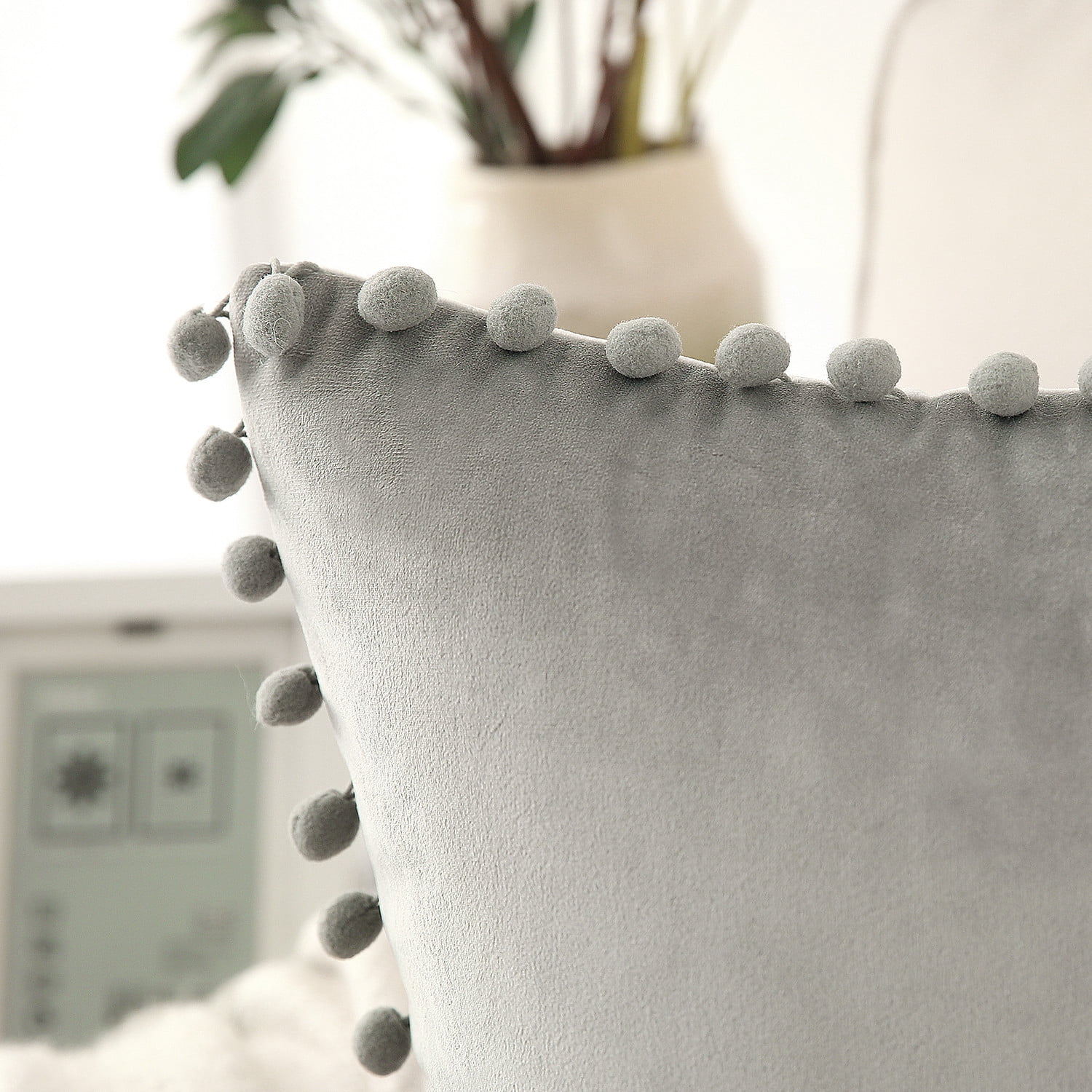 Phantoscope Pom Pom Velvet Series Decorative Throw Pillow, 18" x 18", Gray, 2 Pack