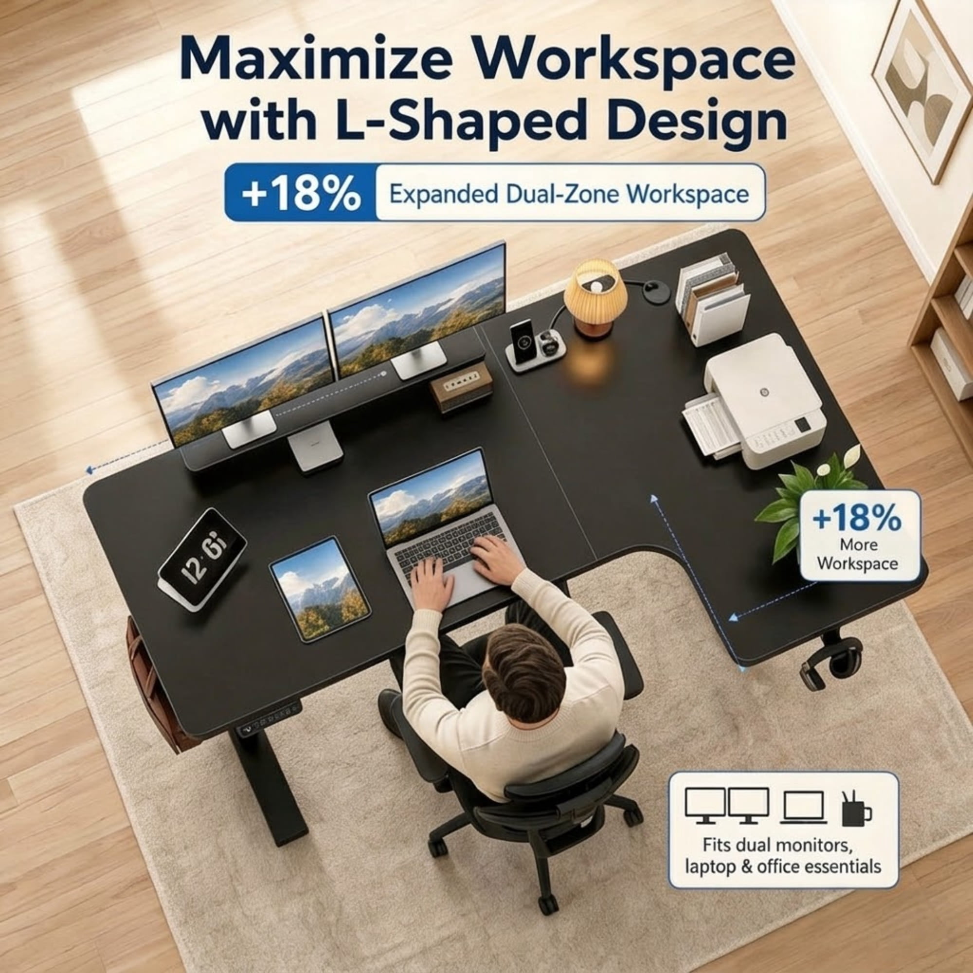 L-Shaped Electric Standing Desk, Adjustable Height Corner Desk with Memory Controller, Heavy-Duty Steel Frame, Quiet Motor, 200 lb Capacity
