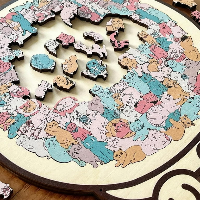 Moderobot 135-piece Morandi-colored cat-shaped wooden puzzle, a