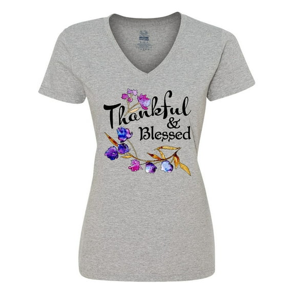 Inktastic Thankful and Blessed Inspirational Saying with Flowers Women's V-Neck T-Shirt