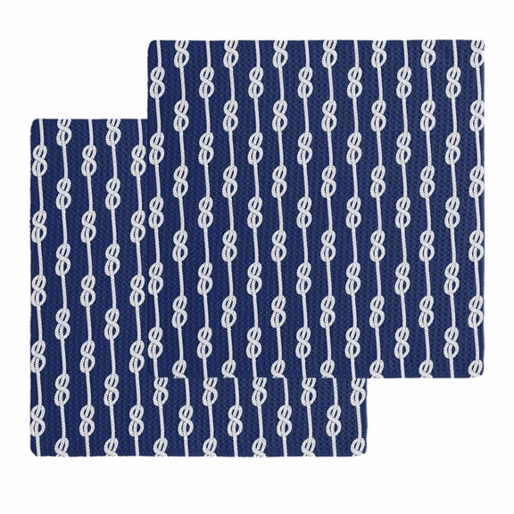 Navy Blue Knot Kitchen Dish Towels for Drying Dishes Set of 2, Nautical Striped Monochrome Ocean Waffle Weave Microfiber Hand Tea Bathroom Towels Quick Dry & Absorbent Towel 12x12