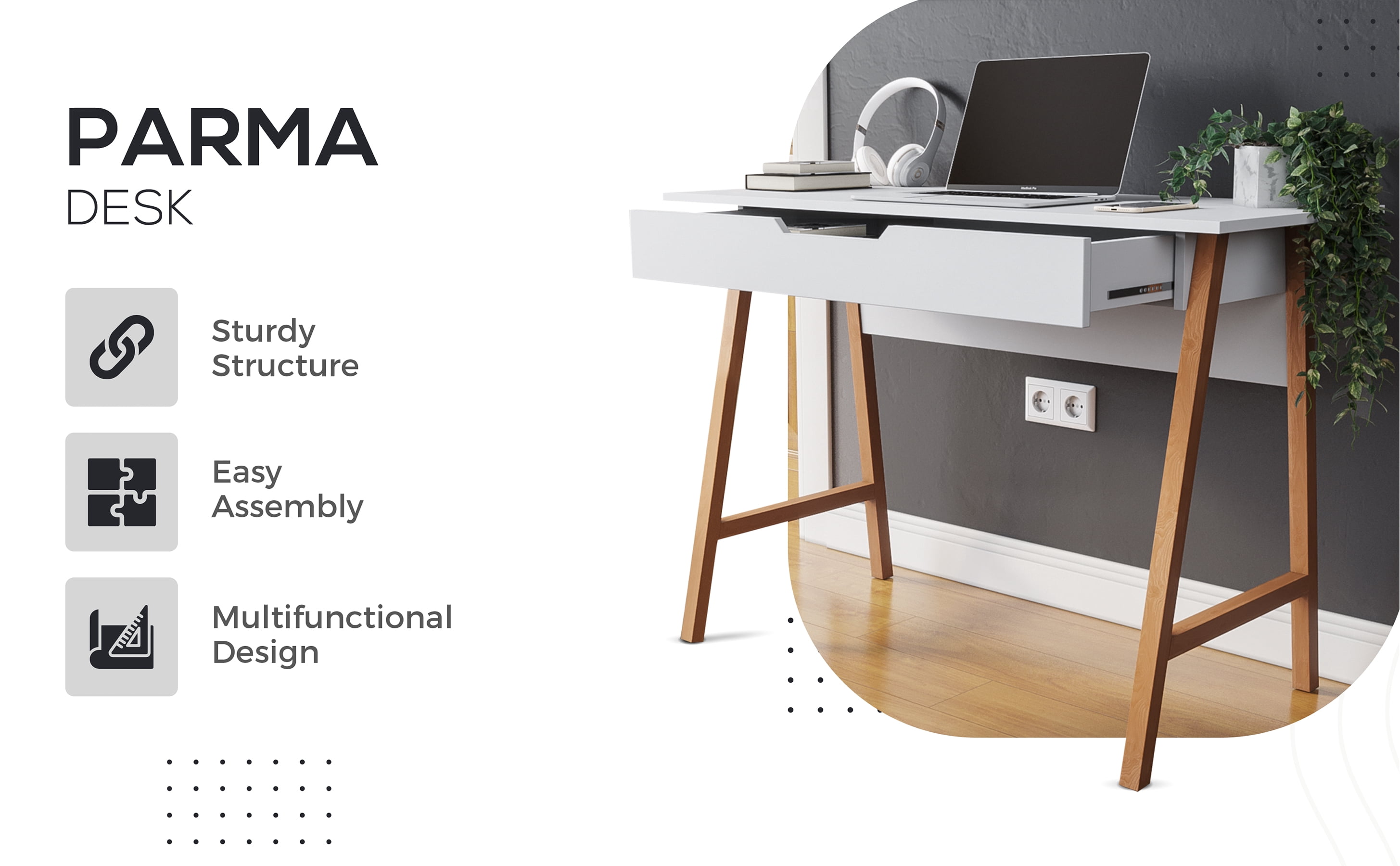 Modern Designs by Crafts and Comfort Parma 42 Inch Home Office Desk Small Computer Desk with Wide Drawer - Great for use as Workstation and Writing for Students in Bedroom or Dormroom - White