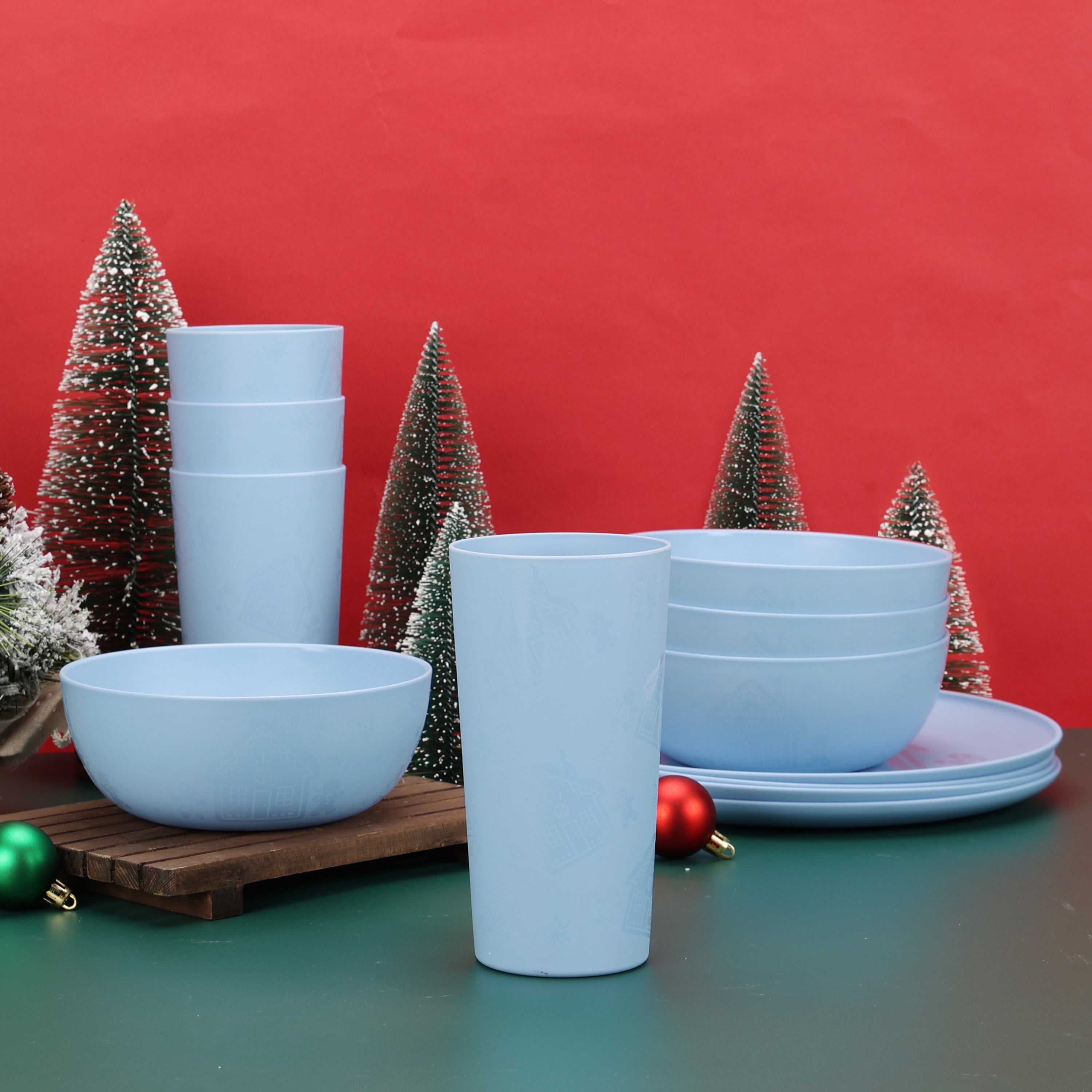 Mainstays 12-Piece Plastic Etched Gingerbread Dinnerware Set, Blue