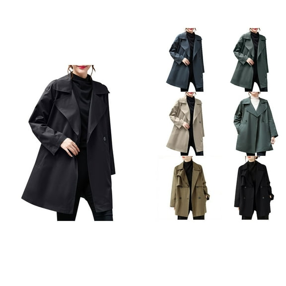 Antinious Womens Hoodless Zipper Jacket Trench Coat Women Plus Size Mid Length Coat,Jackets for Women Trendy,Casual Winter Coats for Women,Black,XXL