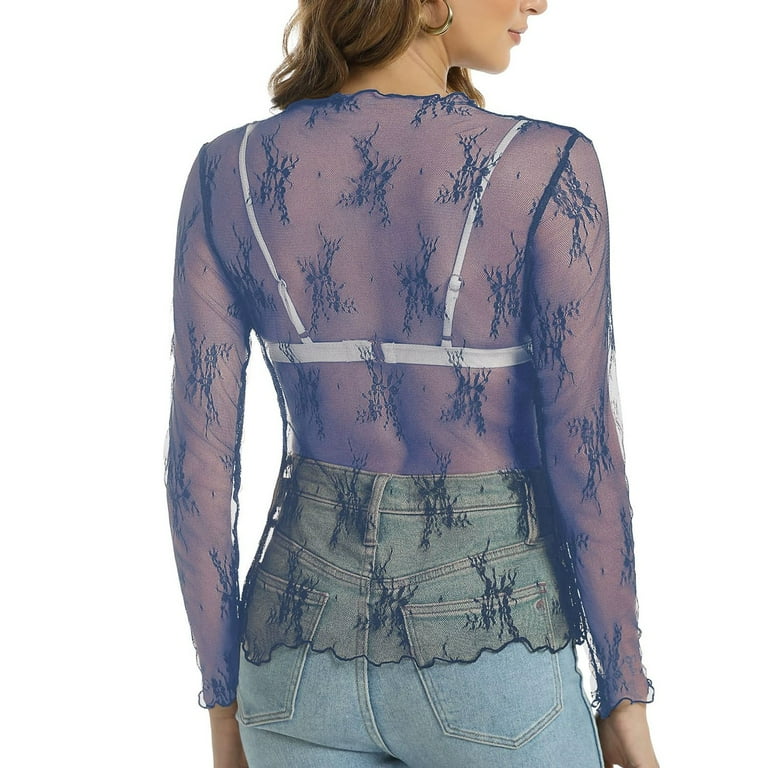 ZHUASHUM Women's T Shirt 2024 Trend Long Sleeve Mesh Layering Top Neck Floral Embroidery Sheer See Through Tee Shirt Blouse Blue L ZHUASHUM Women's T Shirt 2024 Trend Long Sleeve Mesh Layering Top Neck Floral Embroidery Sheer See Through Tee Shirt Blouse Blue L