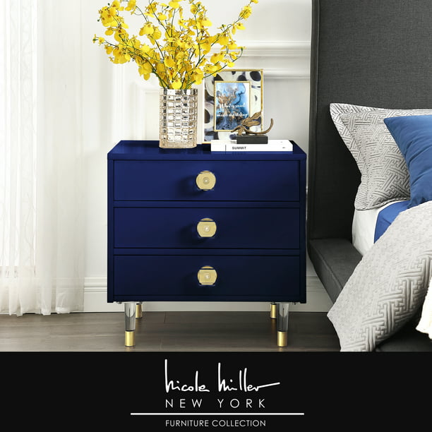 Nicole Miller Side Table Nightstand, Navy Side Table With Drawers
