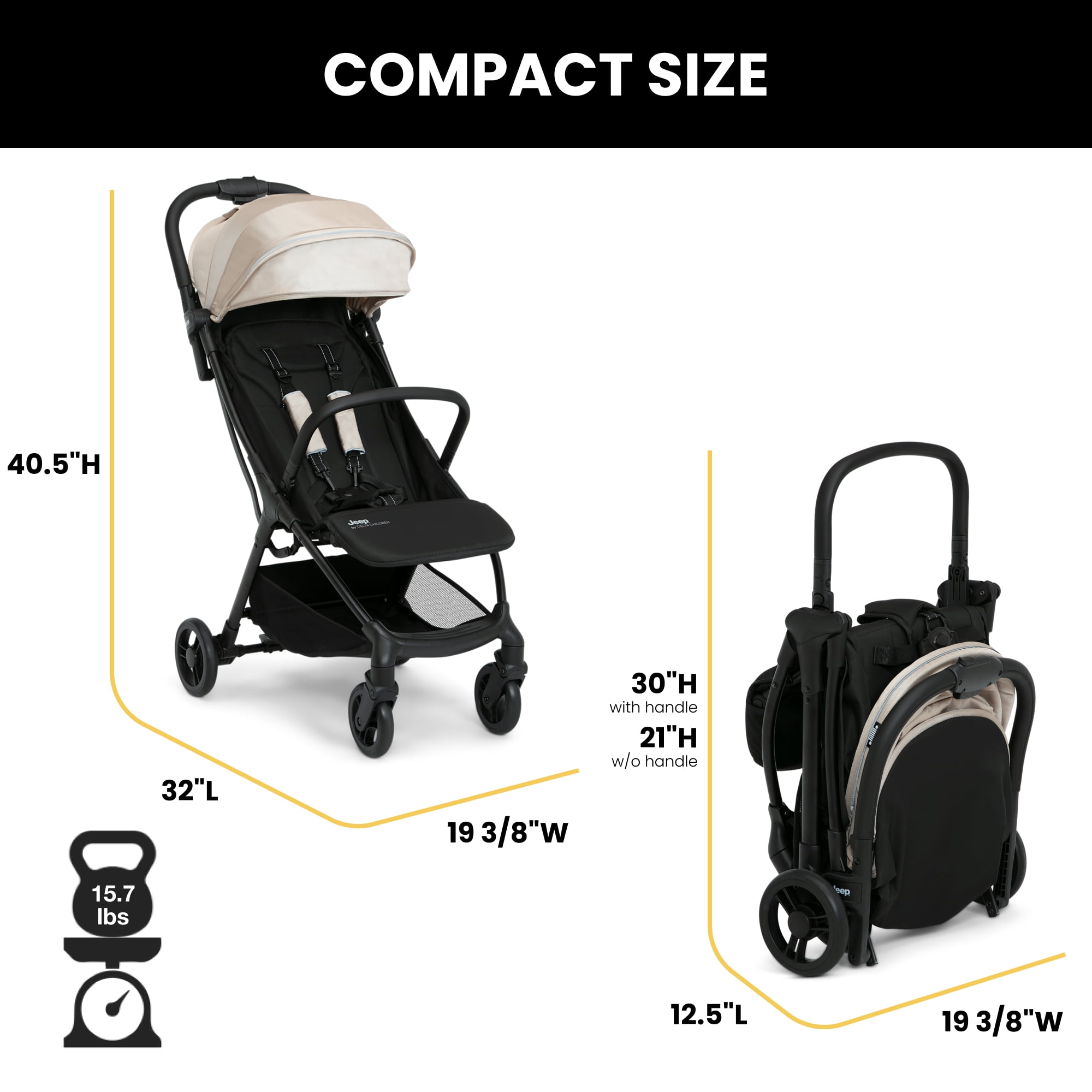 Jeep Altitude Compact Travel Stroller by Delta Children – Greenguard Gold Certified, Easy One Hand Fold, Lightweight, Extendable Canopy with Peek-a-Boo Window, 4 Wheel Suspension, Tan