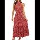 thumbnail image 3 of Vestido Bohemio de Verano para Mujer, Sin Mangas, con Estampado de Lunares, Cuello Halter, Volantes, Dobladillo y Cinturón Vino Tinto M, 3 of 8