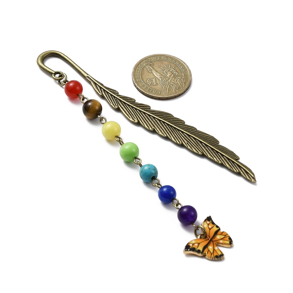 Butterfly Alloy Enamel Pendant Bookmark with Chakra Gemstone Bead Alloy Feather Bookmarks Gold 140x14.5x3.5mm