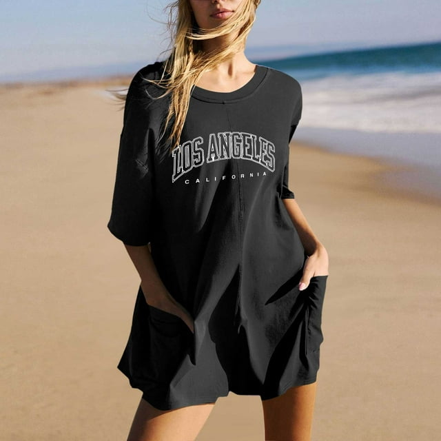 MKLEKYY Vêtements d'Automne Femmes Mode Imprimé Uni Décontracté Manches Courtes Col Rond Shorts Combinaison Pantalons Femmes