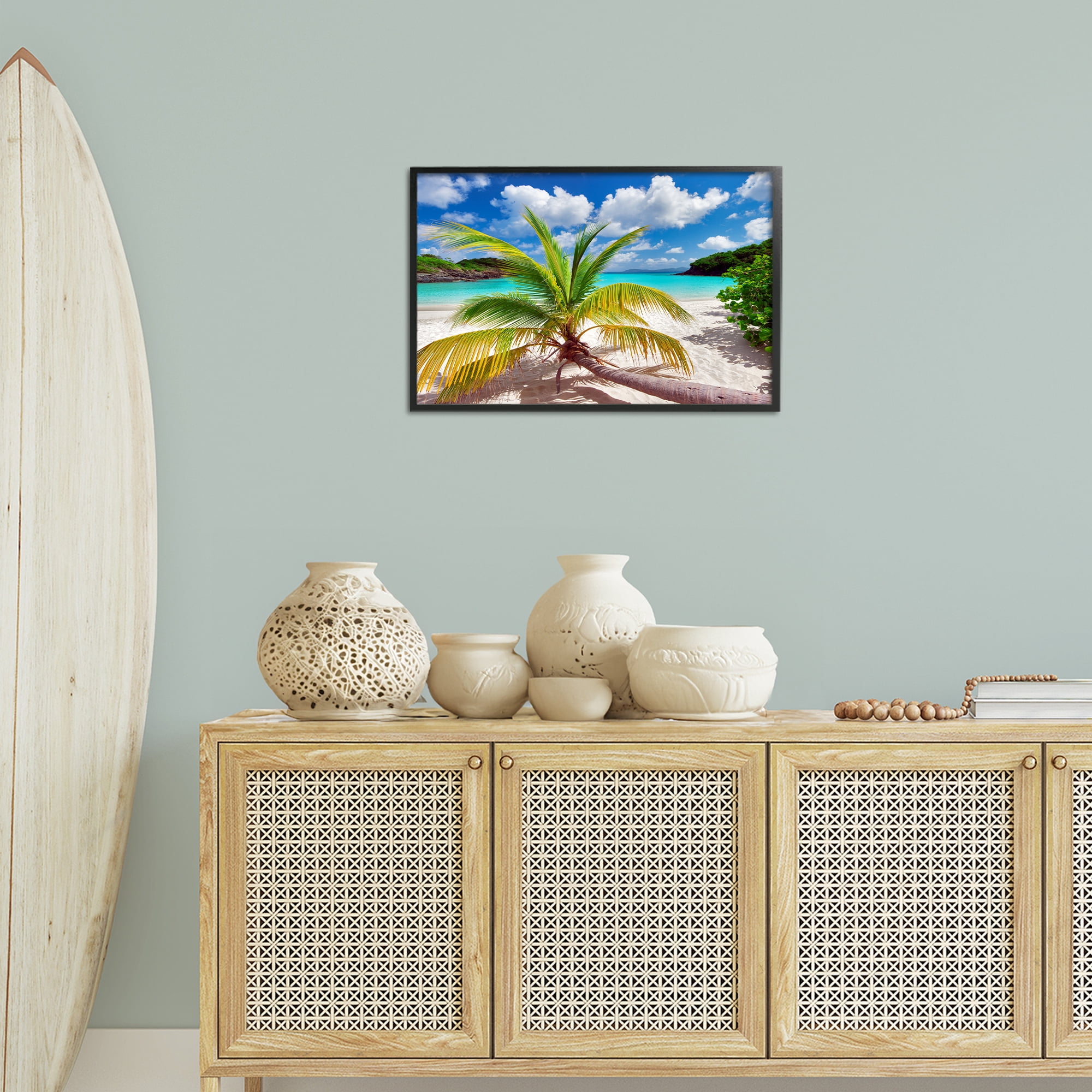 Stupell Industries Palm Tree Across Beach Coastal Photography Black Framed Art Print Wall Art, 24 x 16