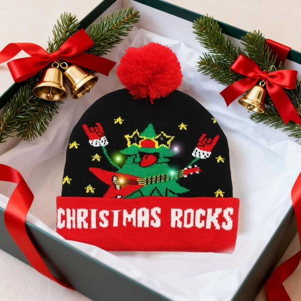 Adornos navideños, gorro navideño LED de moda invernal, gorro de Papá Noel con bolas de pelo, gorro de punto, gorro de lana cálido con protección para los oídos, gorro festivo de acrílico.