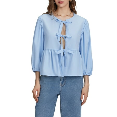 JBEELATE Women Bow Tie Front Shirt Top Cute Puff Sleeve Y2K Peplum Ruffle Babydoll Blouse Lace Up Summer Going Out Tops