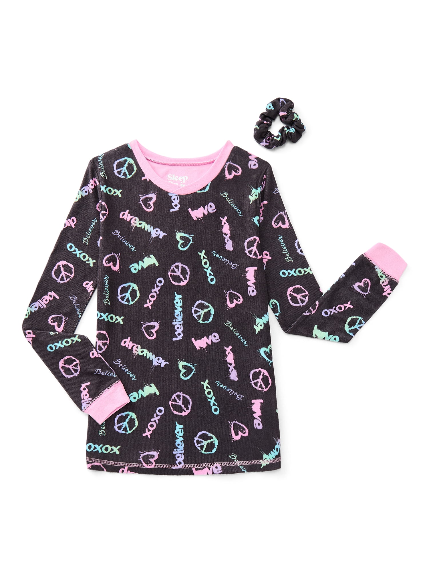 Sleep On It Girls Fitted Long Sleeve Top and Pants Pajamas with Scrunchie Set, 3-Piece, Sizes 4-14