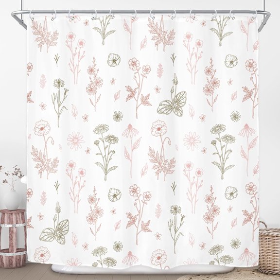 Pink Grey Floral Wildflower Shower Curtain for Bathroom Decor 72Wx72H Plant Leaves Natural Herbs Flowers Botanical Rustic Leaf Art Printed Fabric Polyester Waterproof 12 Pack Plastic Hooks