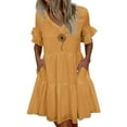 thumbnail image 2 of Puntoco Vestido De Manga Corta Con Cuello En V, Vestido De Verano Casual Estampado De Manga Corta Con Cuello En V Y Bolsillo Amarillo M, 2 of 6