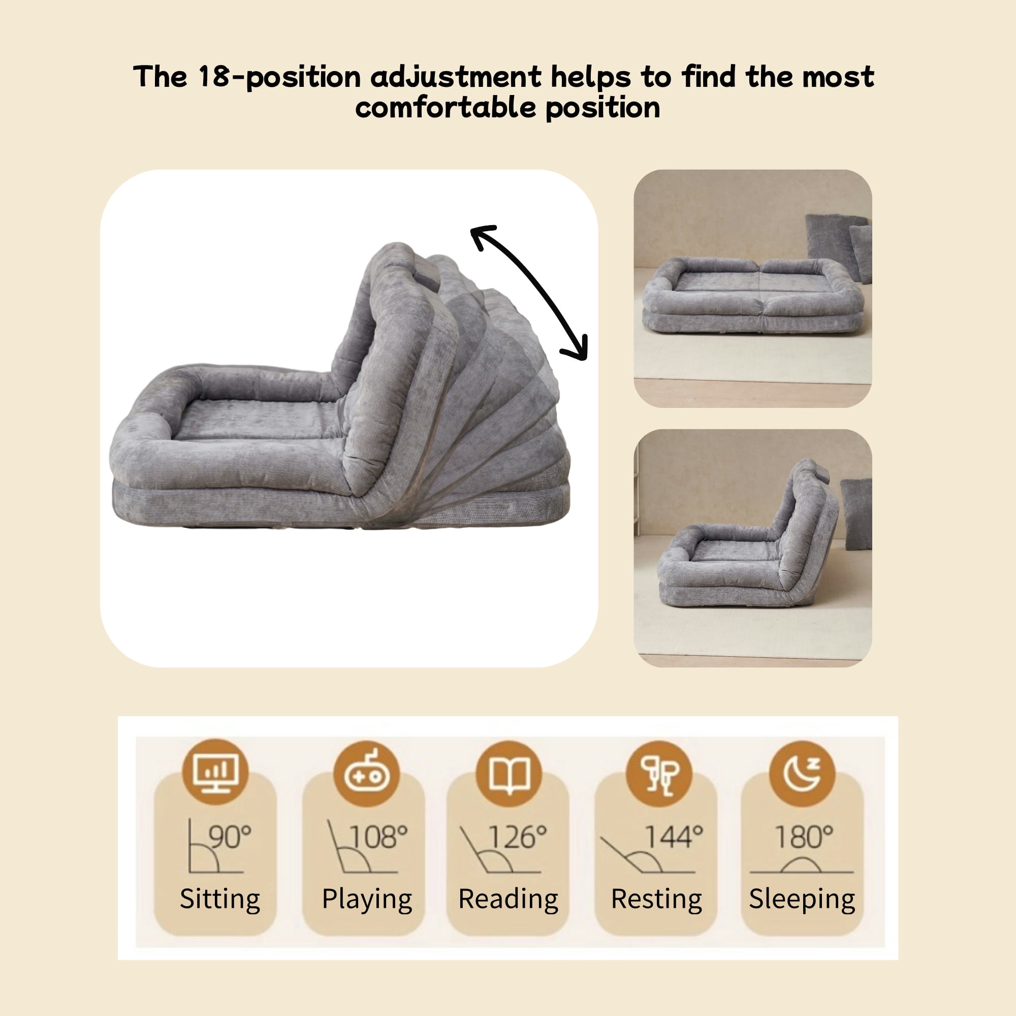 Convertible Fold-Out Sofa Bed, 18 Position Adjustable Double Sofa Bed, Folding Mattress Sofa with Thick Cushion for Living Room, Guest Room, Apartment, Gray