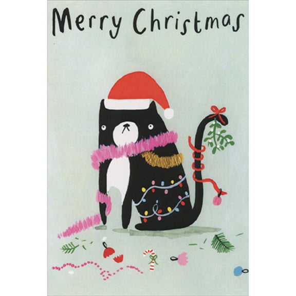 SooshiChacha Grumpy Cat Wrapped in Tinsel and Lights Funny Christmas Card