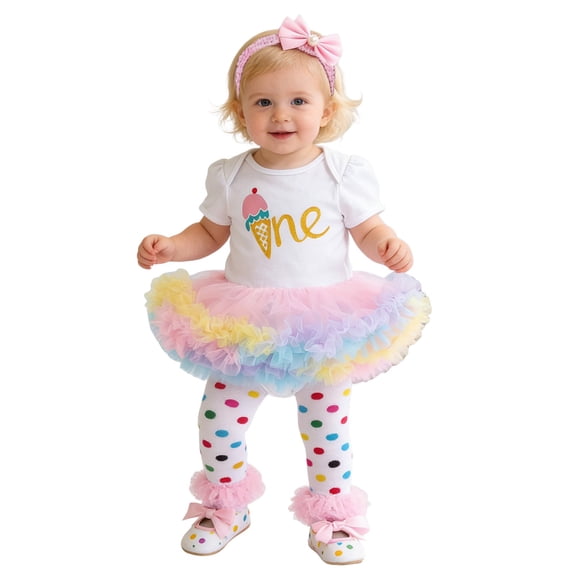 NAFUU Girls Clothes Summer 4 Piece Outfits Short Sleeve O-Neck Cute Cartoon Print Letter Romper And Colorful Skirts Shoes With Hairband Birthday Party Girls' Clothing Sets 0-3 Months